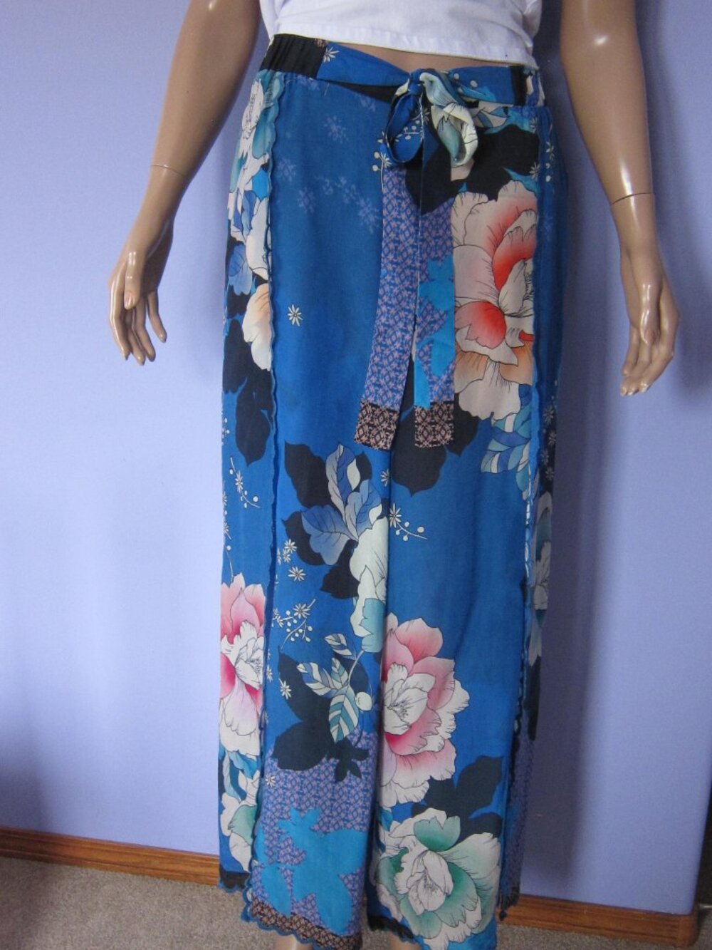 JOHNNY WAS Blue Scarf Floral Split Leg Wide Elastic Waist Boho CHIC PANTS
